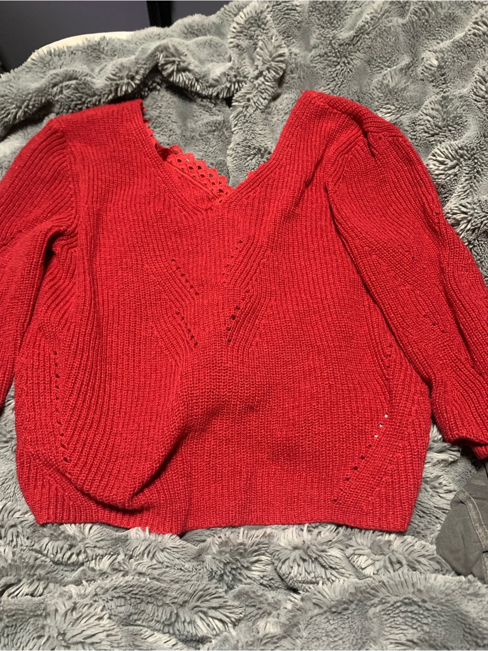 SHEIN Red V-Neck Knit Sweater with Eyelet Trim